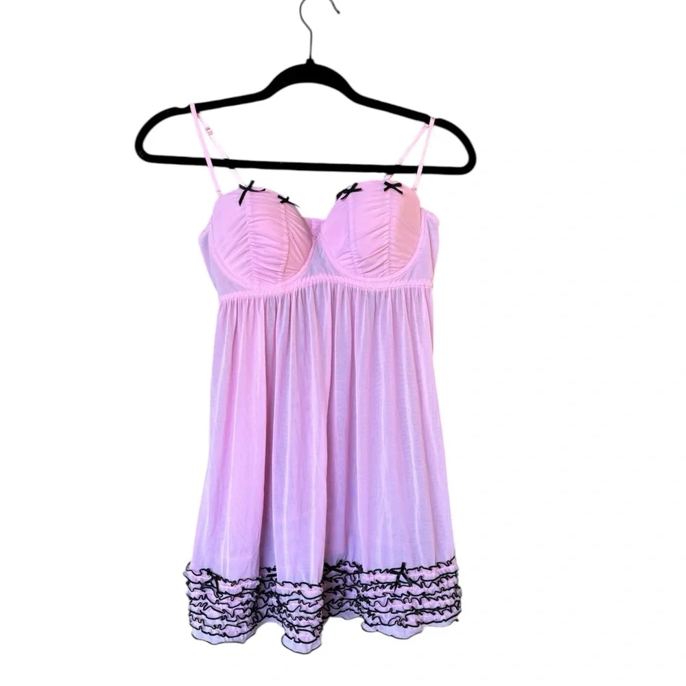 Charlotte Russe Y2K Pink & Black Babydoll Lingerie 36B Sheer Ruffle Hem Coquette
